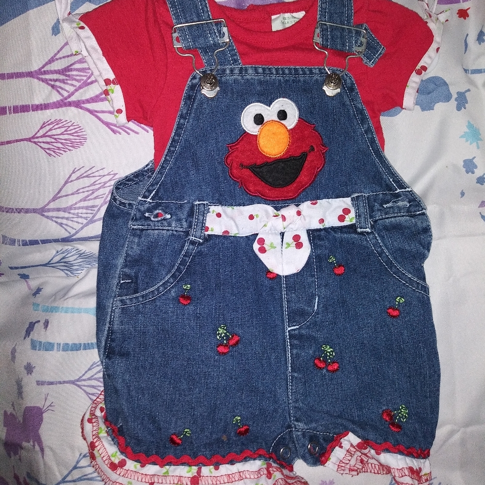 Babygirl Elmo jean overall and shirt set